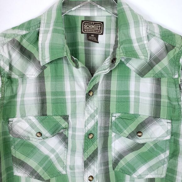 C.E. Schmidt workwear mens shirt Sleeveless green plaid snap front western farm - Picture 3 of 4